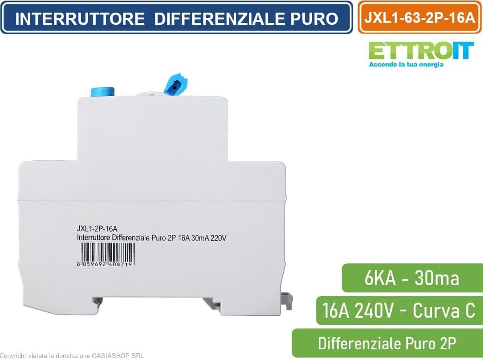 ETTROIT INTERRUTTORE DIFFERENZIALE PURO SALVAVITA PER BARRA DIN 2 MODULI 2P 16A 240V 30mA 6KA - 3