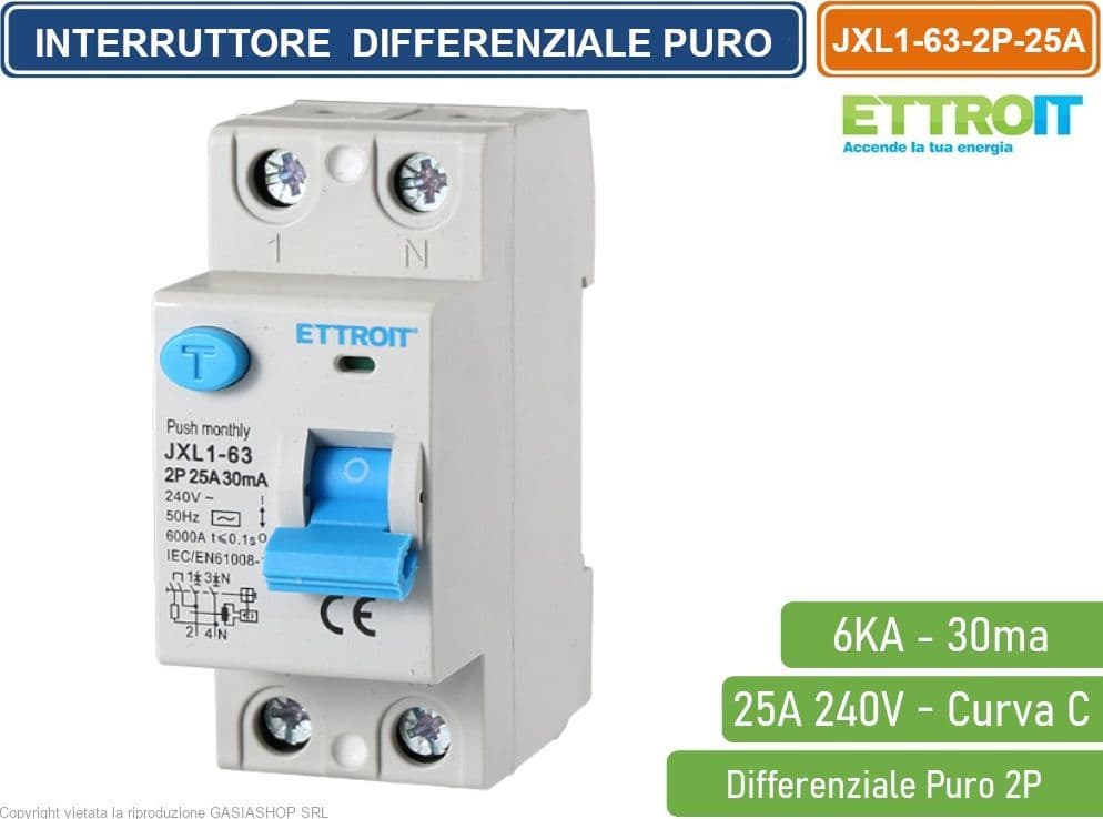ETTROIT INTERRUTTORE DIFFERENZIALE PURO SALVAVITA PER BARRA DIN 2 MODULI 2P 25A 240V 30mA 6KA - 4