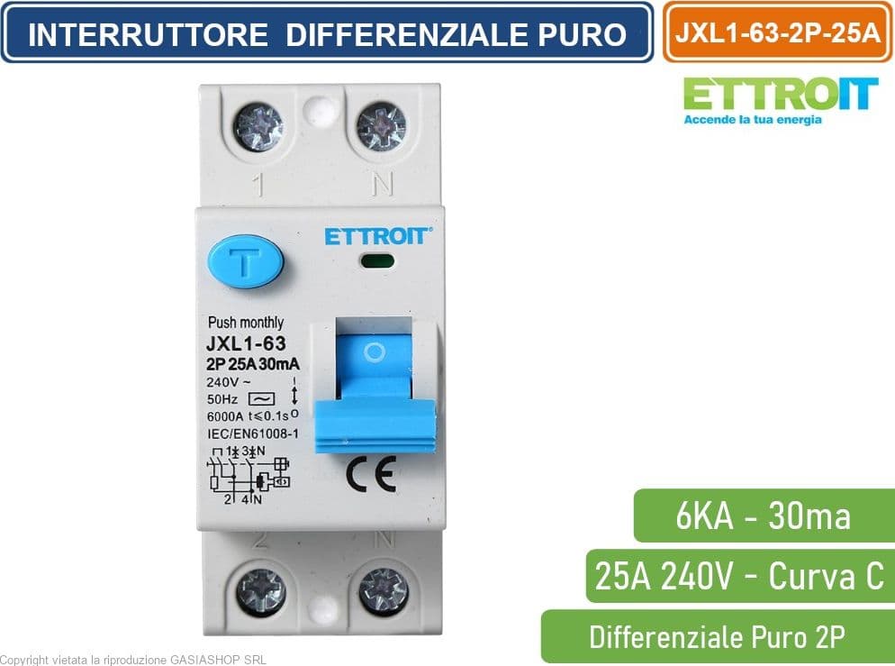 ETTROIT INTERRUTTORE DIFFERENZIALE PURO SALVAVITA PER BARRA DIN 2 MODULI 2P 25A 240V 30mA 6KA - 2