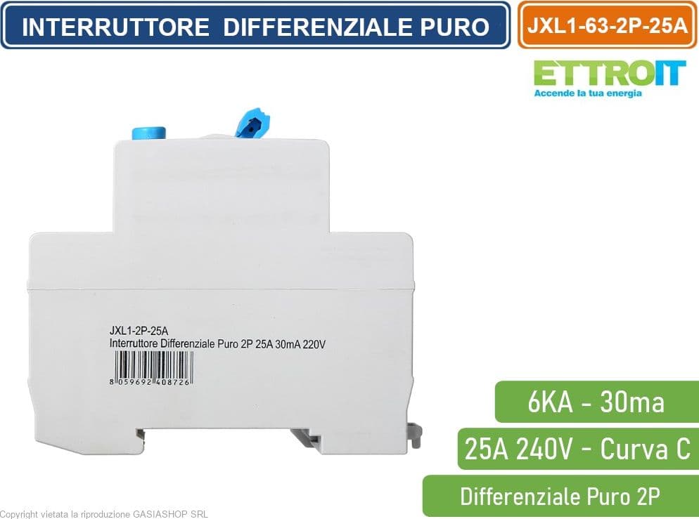 ETTROIT INTERRUTTORE DIFFERENZIALE PURO SALVAVITA PER BARRA DIN 2 MODULI 2P 25A 240V 30mA 6KA - 3
