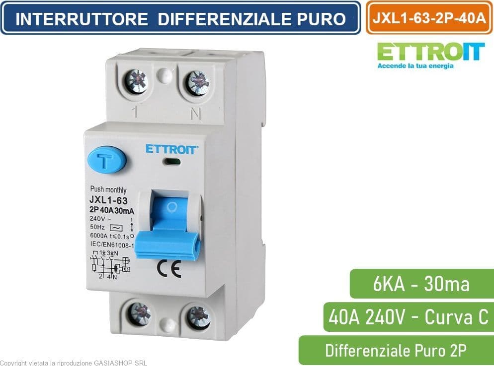 ETTROIT INTERRUTTORE DIFFERENZIALE PURO SALVAVITA PER BARRA DIN 2 MODULI 2P 40A 240V 30mA 6KA - 4