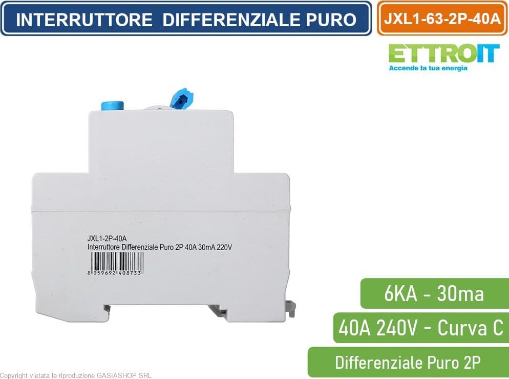 ETTROIT INTERRUTTORE DIFFERENZIALE PURO SALVAVITA PER BARRA DIN 2 MODULI 2P 40A 240V 30mA 6KA - 3