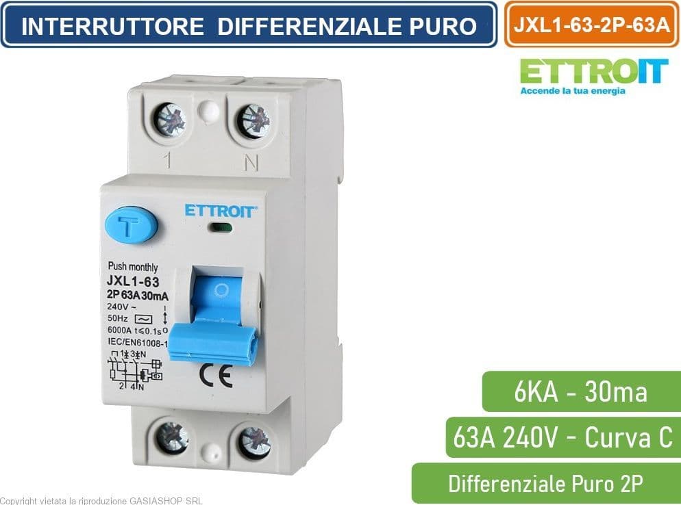 ETTROIT INTERRUTTORE DIFFERENZIALE PURO SALVAVITA PER BARRA DIN 2 MODULI 2P 63A 240V 30mA 6KA - 4