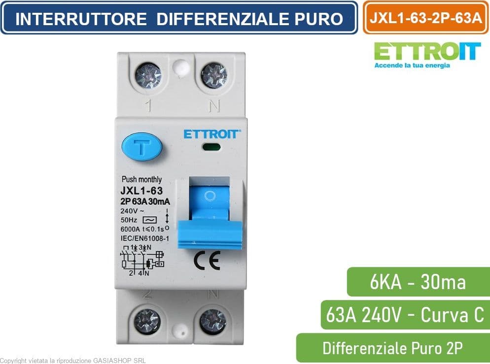 ETTROIT INTERRUTTORE DIFFERENZIALE PURO SALVAVITA PER BARRA DIN 2 MODULI 2P 63A 240V 30mA 6KA - 2