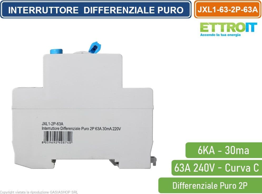 ETTROIT INTERRUTTORE DIFFERENZIALE PURO SALVAVITA PER BARRA DIN 2 MODULI 2P 63A 240V 30mA 6KA - 3