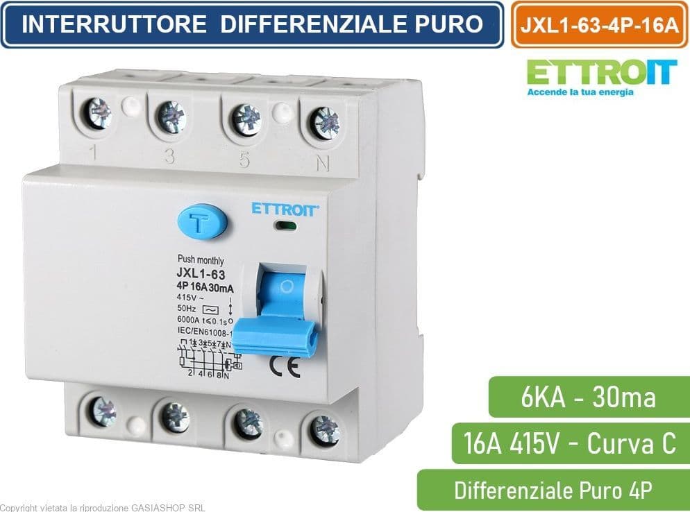 ETTROIT INTERRUTTORE MAGNETOTERMICO DIFFERENZIALE PURO SALVAVITA PER BARRA DIN 4 MODULI 4P 16A 415V 30mA 6KA - 4