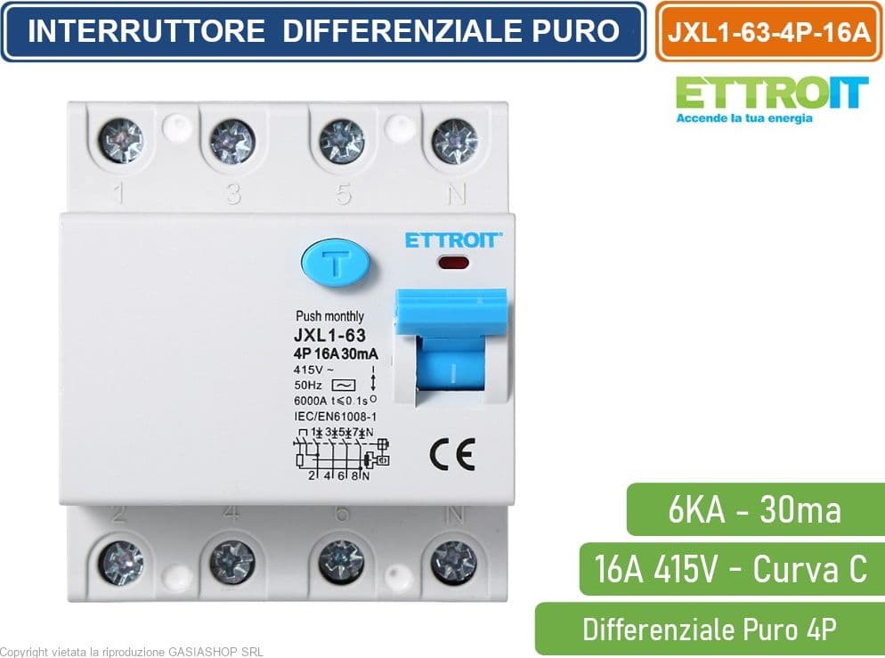 ETTROIT INTERRUTTORE MAGNETOTERMICO DIFFERENZIALE PURO SALVAVITA PER BARRA DIN 4 MODULI 4P 16A 415V 30mA 6KA - 2