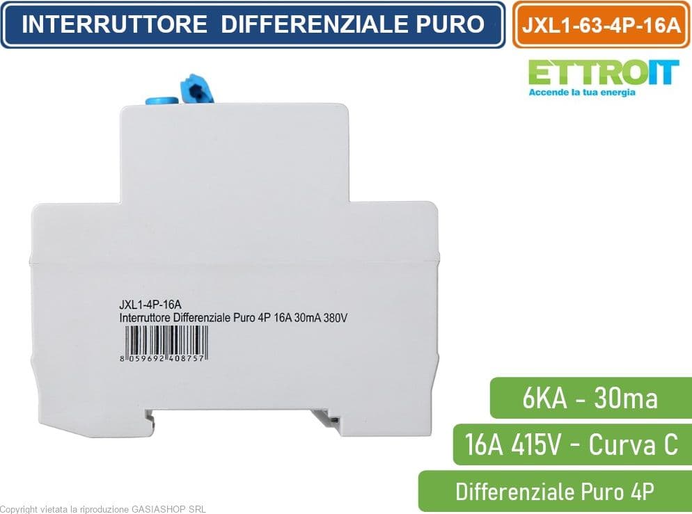 ETTROIT INTERRUTTORE MAGNETOTERMICO DIFFERENZIALE PURO SALVAVITA PER BARRA DIN 4 MODULI 4P 16A 415V 30mA 6KA - 3