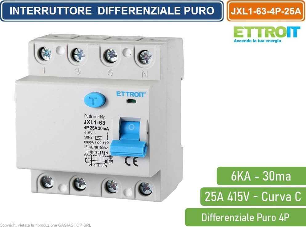 ETTROIT INTERRUTTORE MAGNETOTERMICO DIFFERENZIALE PURO SALVAVITA PER BARRA DIN 4 MODULI 4P 25A 415V 30mA 6KA - 4