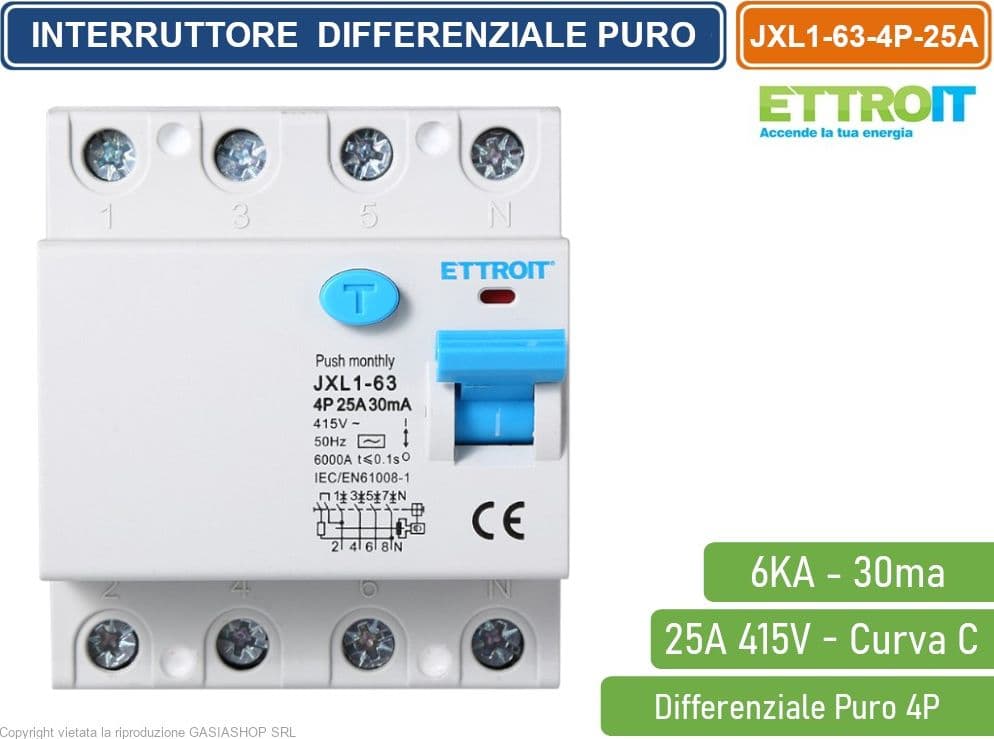 ETTROIT INTERRUTTORE MAGNETOTERMICO DIFFERENZIALE PURO SALVAVITA PER BARRA DIN 4 MODULI 4P 25A 415V 30mA 6KA - 2