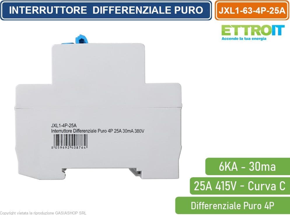 ETTROIT INTERRUTTORE MAGNETOTERMICO DIFFERENZIALE PURO SALVAVITA PER BARRA DIN 4 MODULI 4P 25A 415V 30mA 6KA - 3