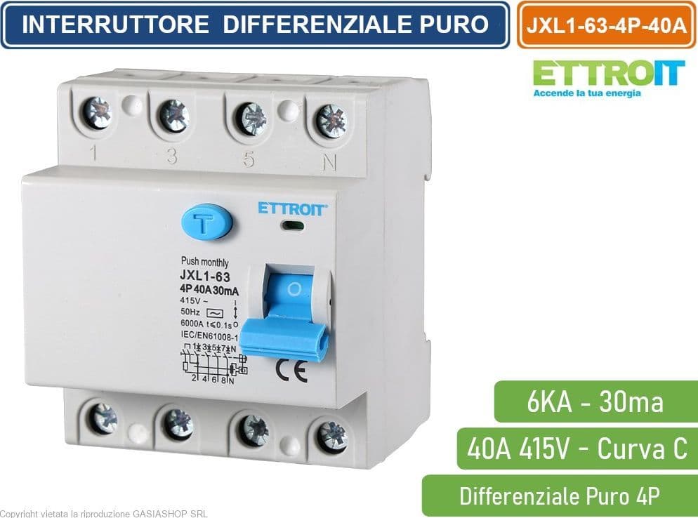 ETTROIT INTERRUTTORE MAGNETOTERMICO DIFFERENZIALE PURO SALVAVITA PER BARRA DIN 4 MODULI 4P 40A 415V 30mA 6KA - 4
