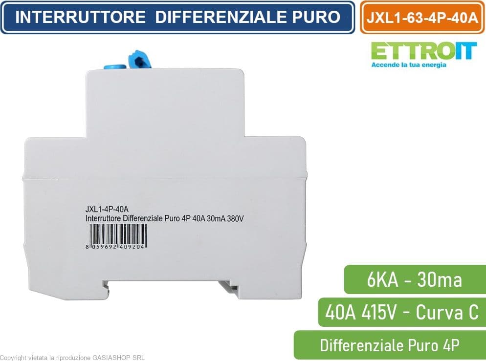 ETTROIT INTERRUTTORE MAGNETOTERMICO DIFFERENZIALE PURO SALVAVITA PER BARRA DIN 4 MODULI 4P 40A 415V 30mA 6KA - 3
