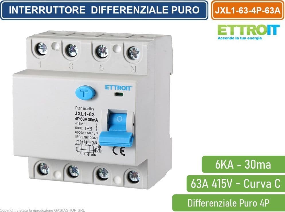 ETTROIT INTERRUTTORE MAGNETOTERMICO DIFFERENZIALE PURO SALVAVITA PER BARRA DIN 4 MODULI 4P 63A 415V 30mA 6KA - 4