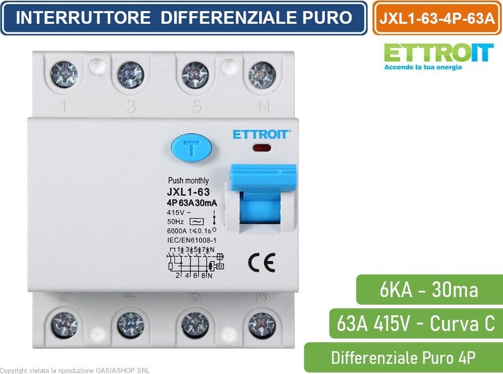ETTROIT INTERRUTTORE MAGNETOTERMICO DIFFERENZIALE PURO SALVAVITA PER BARRA DIN 4 MODULI 4P 63A 415V 30mA 6KA - 2
