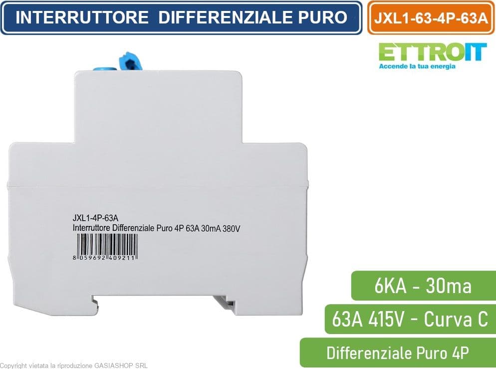 ETTROIT INTERRUTTORE MAGNETOTERMICO DIFFERENZIALE PURO SALVAVITA PER BARRA DIN 4 MODULI 4P 63A 415V 30mA 6KA - 3