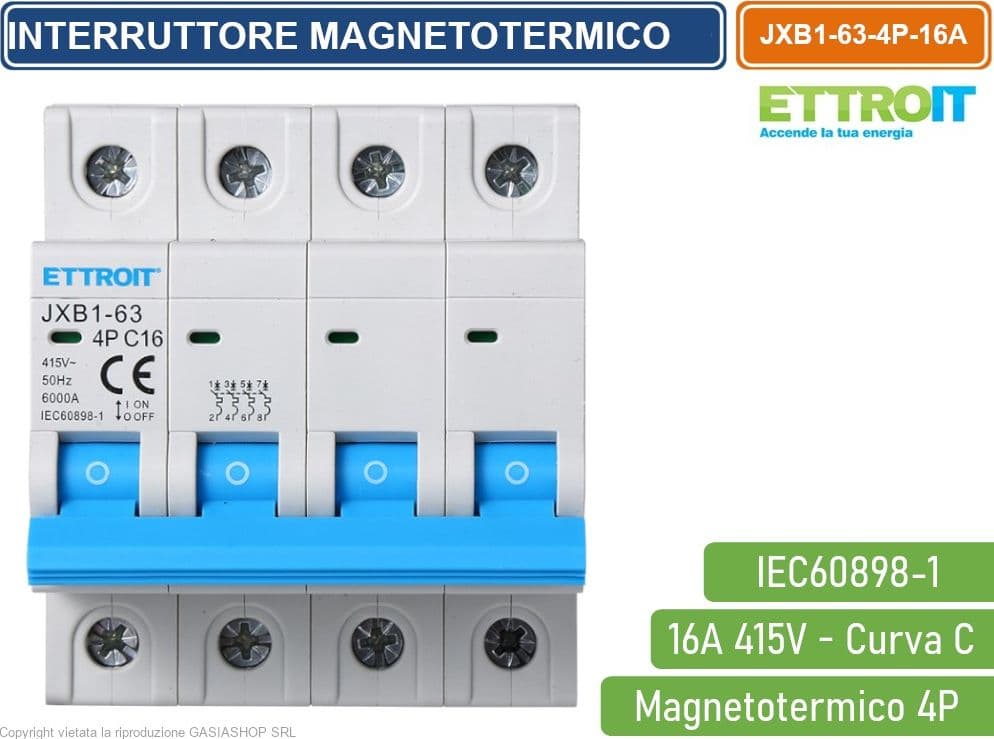 ETTROIT INTERRUTTORE MEGNETOTERMICO PER BARRA DIN 4 MODULI 4P 415V CURVA C 6KA 16A - 2