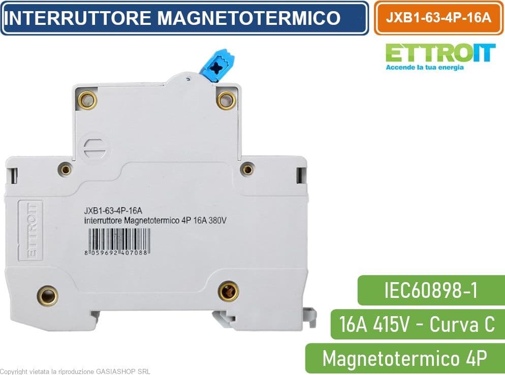 ETTROIT INTERRUTTORE MEGNETOTERMICO PER BARRA DIN 4 MODULI 4P 415V CURVA C 6KA 16A - 3