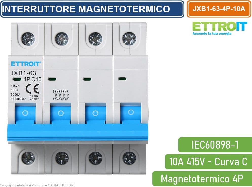 ETTROIT INTERRUTTORE MEGNETOTERMICO PER BARRA DIN 4 MODULI 4P 415V CURVA C 6KA 10A - 2
