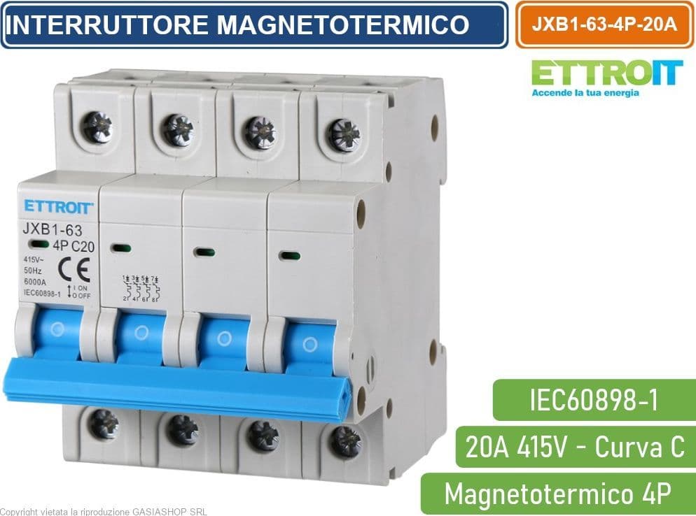 ETTROIT INTERRUTTORE MEGNETOTERMICO PER BARRA DIN 4 MODULI 4P 415V CURVA C 6KA 20A - 4
