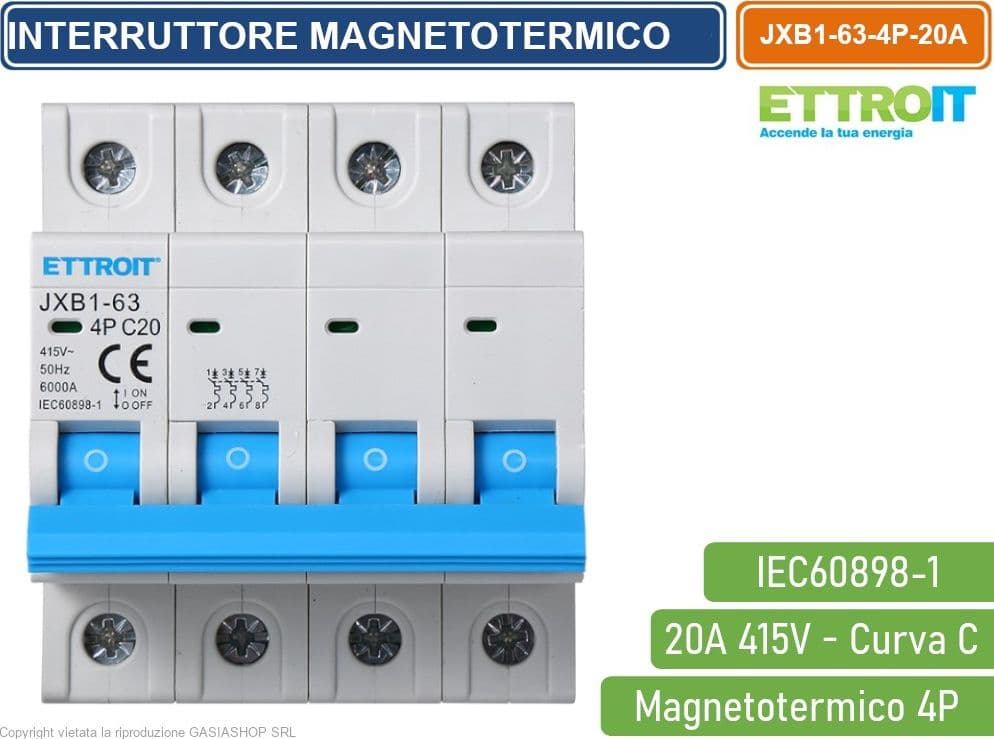 ETTROIT INTERRUTTORE MEGNETOTERMICO PER BARRA DIN 4 MODULI 4P 415V CURVA C 6KA 20A - 2