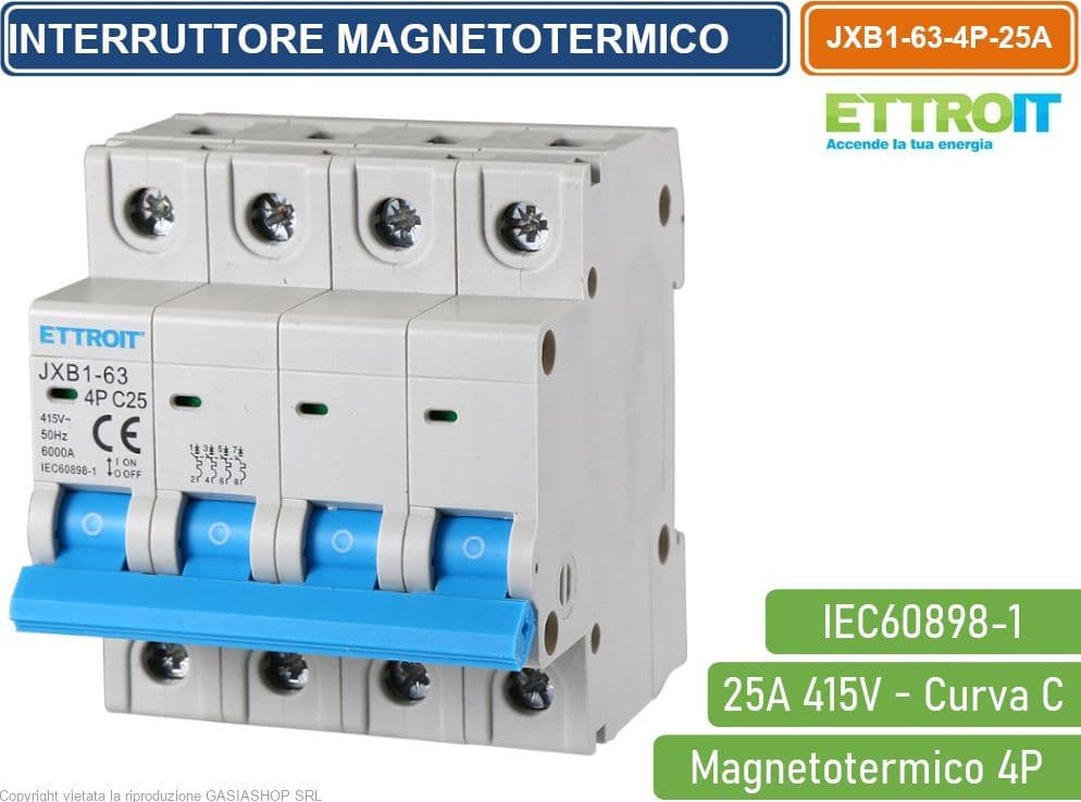 ETTROIT INTERRUTTORE MEGNETOTERMICO PER BARRA DIN 4 MODULI 4P 415V CURVA C 6KA 25A - 4