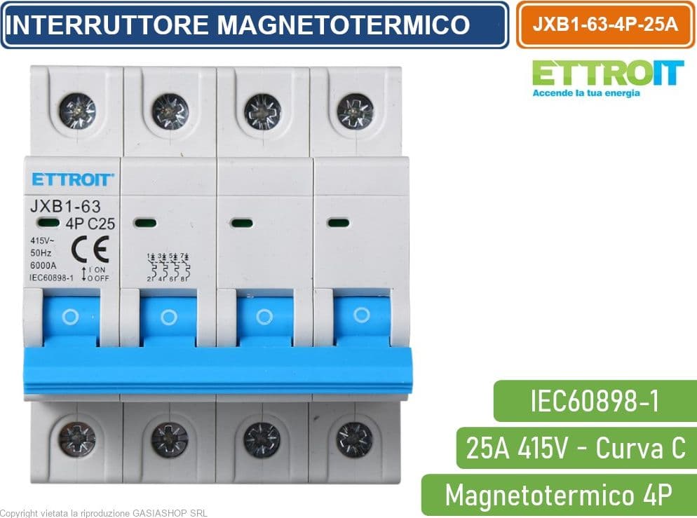 ETTROIT INTERRUTTORE MEGNETOTERMICO PER BARRA DIN 4 MODULI 4P 415V CURVA C 6KA 25A - 2