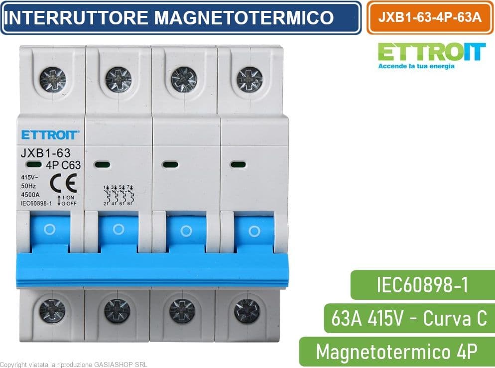 ETTROIT INTERRUTTORE MEGNETOTERMICO PER BARRA DIN 4 MODULI 4P 415V CURVA C 6KA 63A - 2