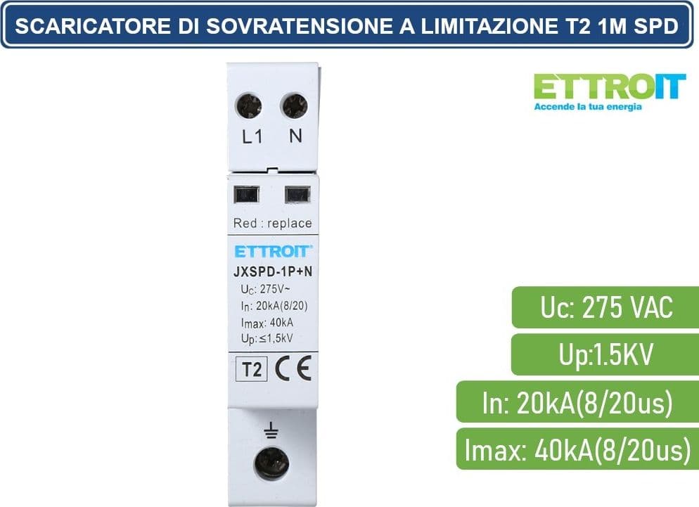 ETTROIT SCARICATORE LIMITATORE DI SOVRATENSIONE 1 MODULO TIPO T2 1P+N 20KA-40KA SPD A LIMITAZIONE PER BARRA DIN - 2