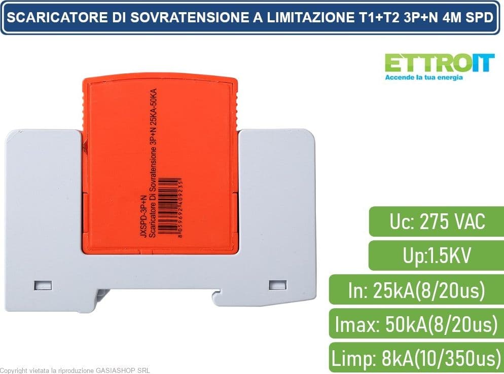 ETTROIT SCARICATORE LIMITATORE DI SOVRATENSIONE 4 MODULI TIPO T1+T2 3P+N 25KA-50KA SPD A LIMITAZIONE PER BARRA DIN - 3