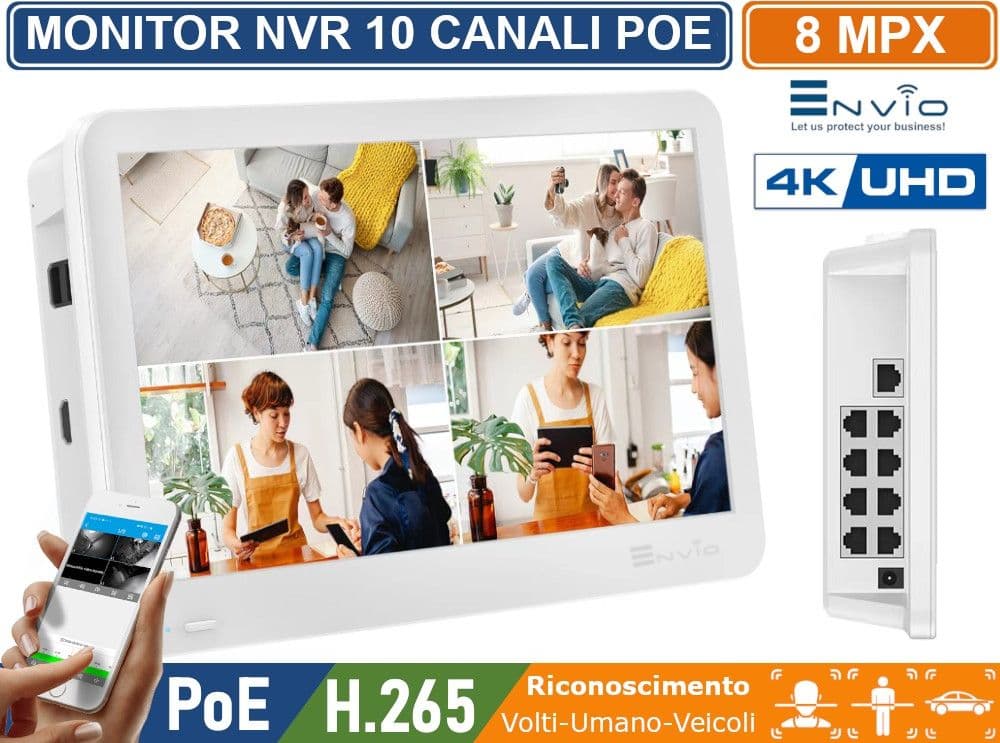 MONITOR 11.6" CON NVR 10 CANALI 8 CANALI POE + 2 IP 8 MEGAPIXEL 4K ULTRA HD ONVIF LINUX SYSTEM P2P CLOUD VIDEOSORVEGLIANZA CON VIDEOANALISI CON RICONOSCIMENTO VOLTI UMANO VEICOLI