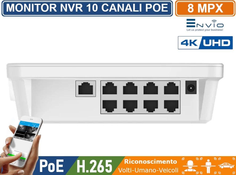 MONITOR 11.6" CON NVR 10 CANALI 8 CANALI POE + 2 IP 8 MEGAPIXEL 4K ULTRA HD ONVIF LINUX SYSTEM P2P CLOUD VIDEOSORVEGLIANZA CON VIDEOANALISI CON RICONOSCIMENTO VOLTI UMANO VEICOLI - 2