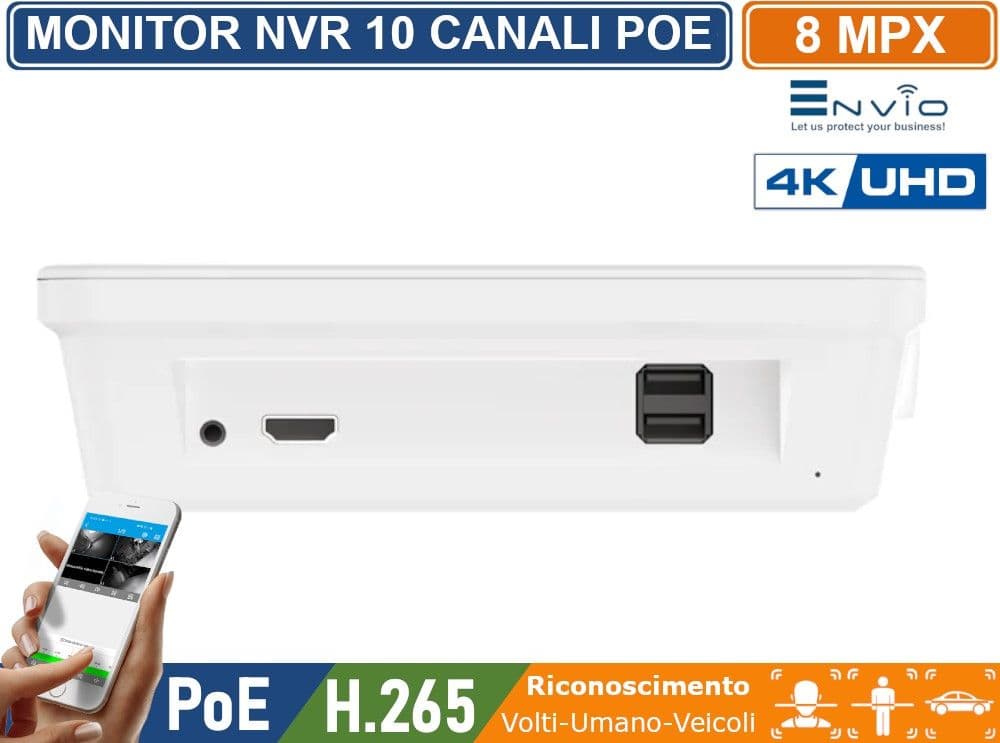 MONITOR 11.6" CON NVR 10 CANALI 8 CANALI POE + 2 IP 8 MEGAPIXEL 4K ULTRA HD ONVIF LINUX SYSTEM P2P CLOUD VIDEOSORVEGLIANZA CON VIDEOANALISI CON RICONOSCIMENTO VOLTI UMANO VEICOLI - 3