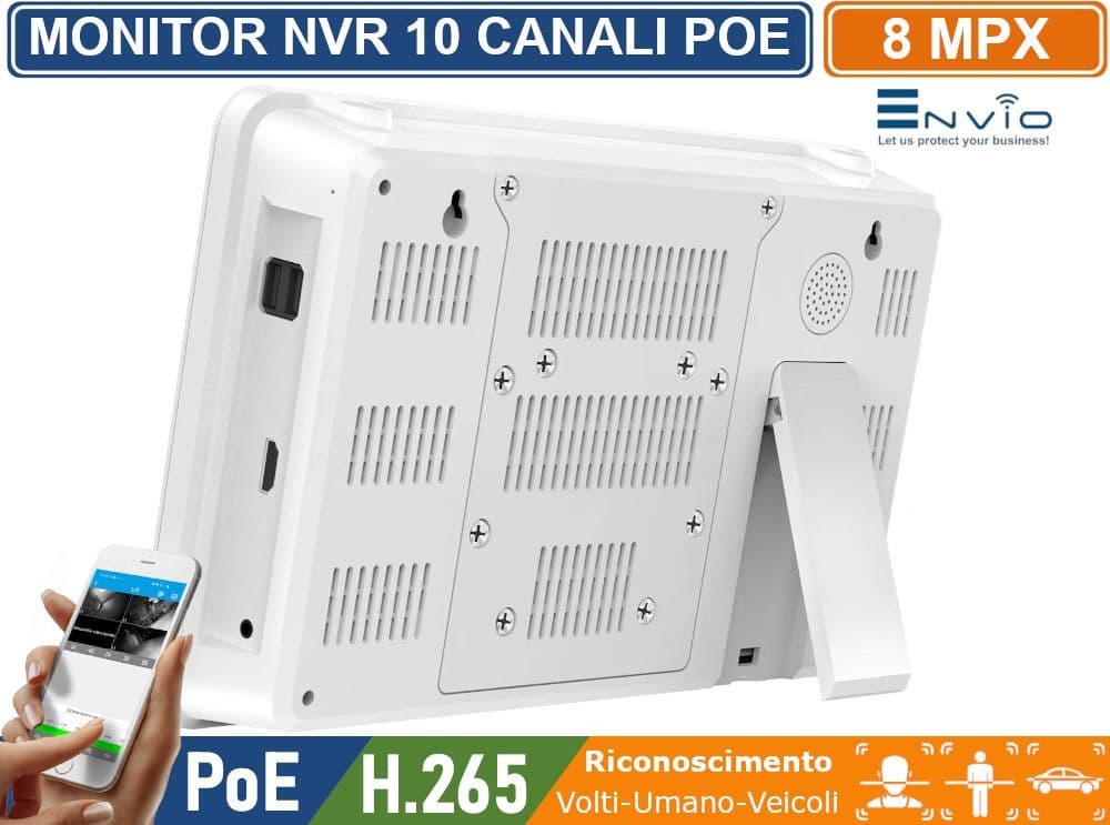 MONITOR 11.6" CON NVR 10 CANALI 8 CANALI POE + 2 IP 8 MEGAPIXEL 4K ULTRA HD ONVIF LINUX SYSTEM P2P CLOUD VIDEOSORVEGLIANZA CON VIDEOANALISI CON RICONOSCIMENTO VOLTI UMANO VEICOLI - 4