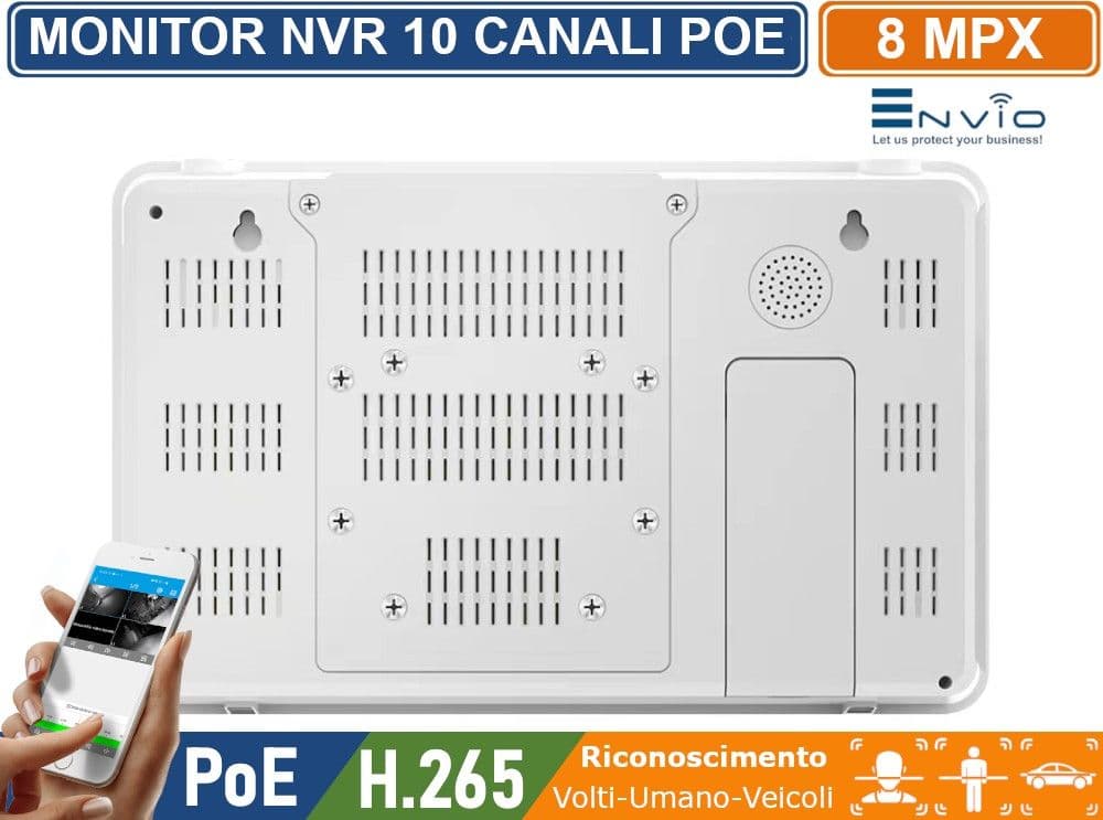 MONITOR 11.6" CON NVR 10 CANALI 8 CANALI POE + 2 IP 8 MEGAPIXEL 4K ULTRA HD ONVIF LINUX SYSTEM P2P CLOUD VIDEOSORVEGLIANZA CON VIDEOANALISI CON RICONOSCIMENTO VOLTI UMANO VEICOLI - 5