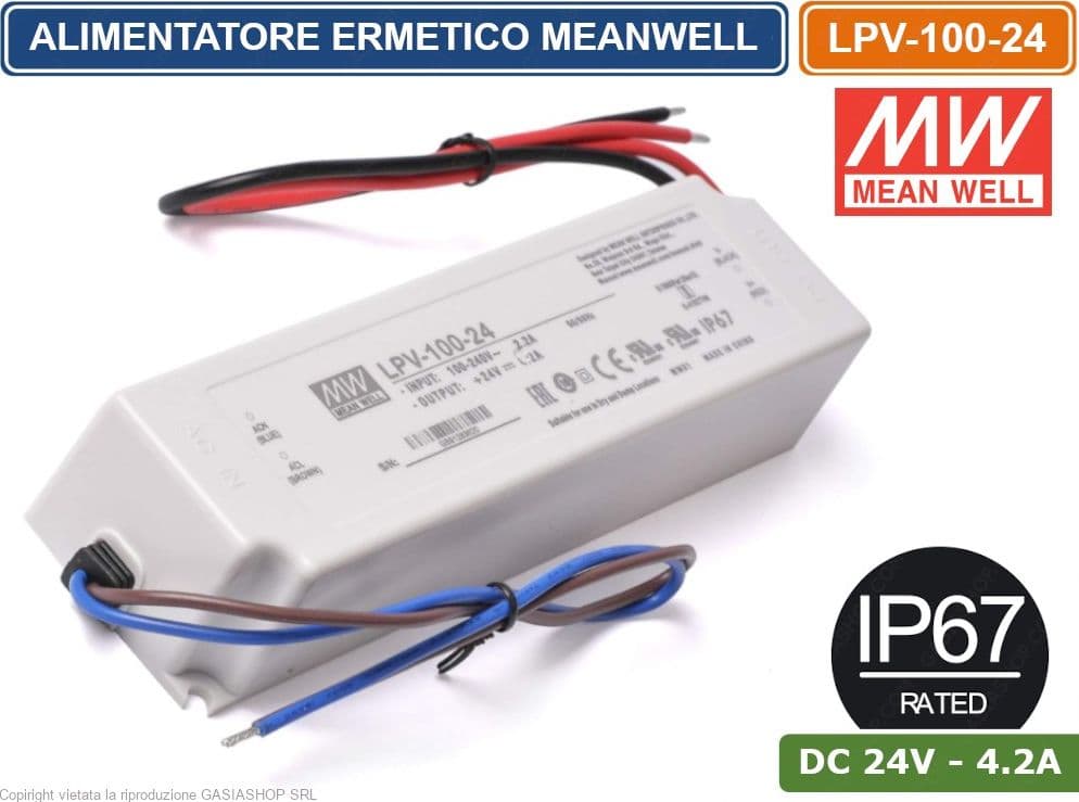 ALIMENTATORE DRIVER LED MEANWELL LPV-100-24 TENSIONE COSTANTE DC24V 4.2A 100W SINGOLA USCITA IP67 - 2