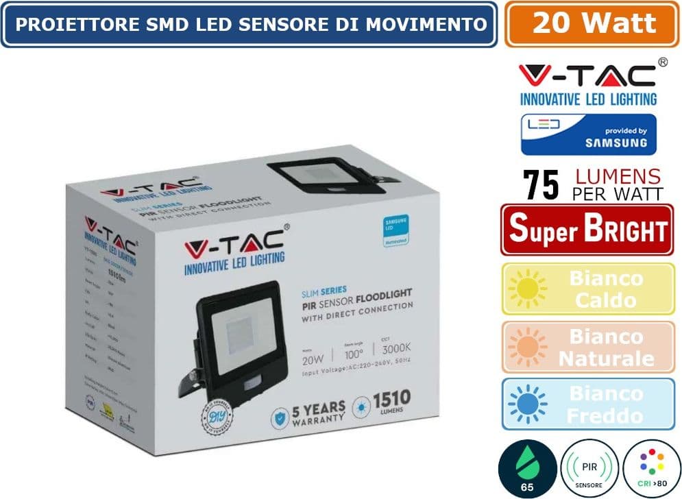 V-TAC VT-128S FARO LED FLOODLIGHT 20W SMD IP65 CHIP SAMSUNG SENSORE MOVIMENTO E CREPUSCOLARE NERO - SKU 20259 / 20260 / 20261 - 2