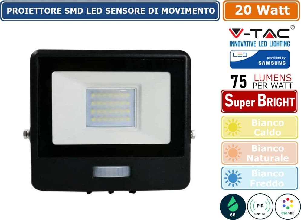 V-TAC VT-128S FARO LED FLOODLIGHT 20W SMD IP65 CHIP SAMSUNG SENSORE MOVIMENTO E CREPUSCOLARE NERO - SKU 20259 / 20260 / 20261 - 3