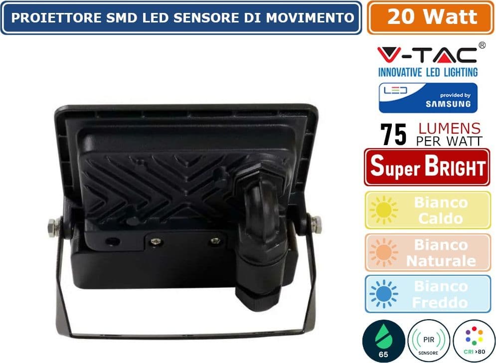 V-TAC VT-128S FARO LED FLOODLIGHT 20W SMD IP65 CHIP SAMSUNG SENSORE MOVIMENTO E CREPUSCOLARE NERO - SKU 20259 / 20260 / 20261 - 4