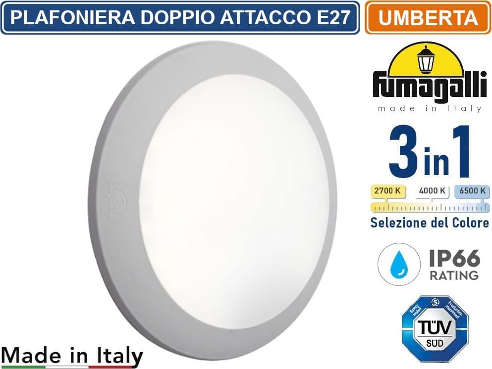 FUMAGALLI UMBERTA PLAFONIERA CIRCOLARE DA ESTERNO IP66 GRIGIA PER LAMPADINE CON DOPPIO ATTACCO E27 CON FUNZIONE CCT 3 IN 1CAMBIA COLORE