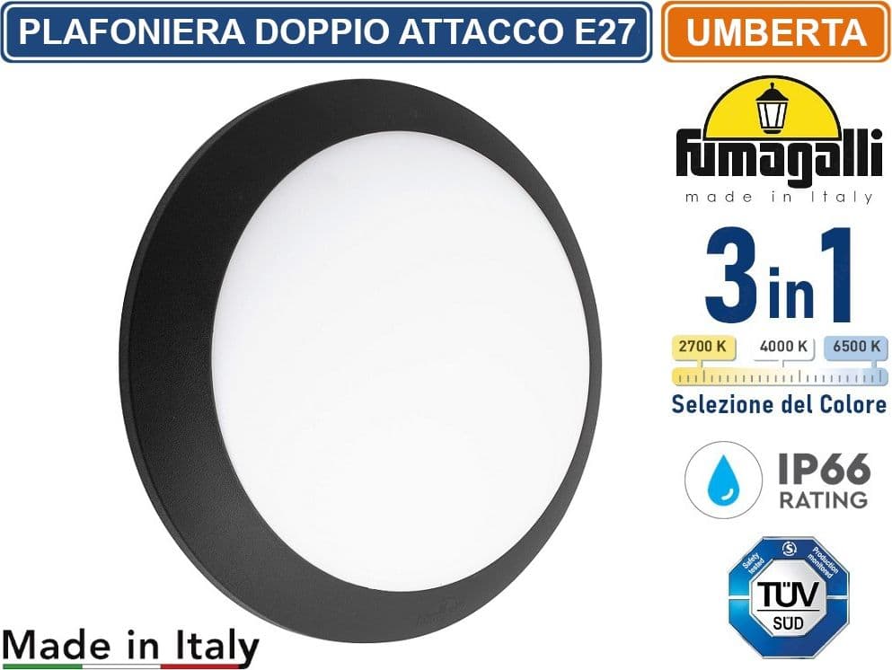FUMAGALLI UMBERTA PLAFONIERA CIRCOLARE DA ESTERNO IP66 NERA PER LAMPADINE CON DOPPIO ATTACCO E27 CON FUNZIONE CCT 3 IN 1CAMBIA COLORE