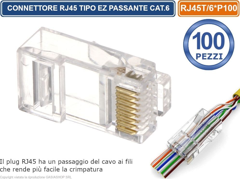 CONFEZIONE MULTIPLA 100 PEZZI PLUG RJ45 TIPO EZ PASSANTE PER CAVO ETHERNET CAT.6