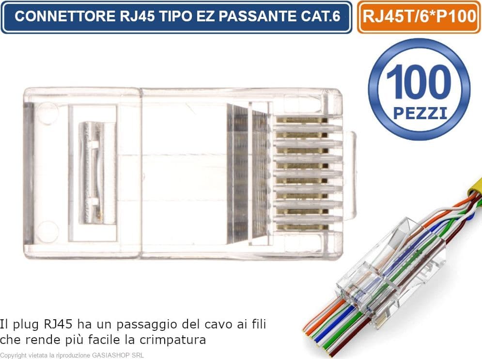 CONFEZIONE MULTIPLA 100 PEZZI PLUG RJ45 TIPO EZ PASSANTE PER CAVO ETHERNET CAT.6 - 2