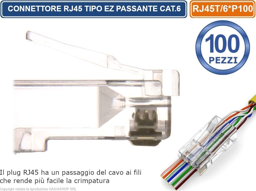 CONFEZIONE MULTIPLA 100 PEZZI PLUG RJ45 TIPO EZ PASSANTE PER CAVO ETHERNET CAT.6 - 3