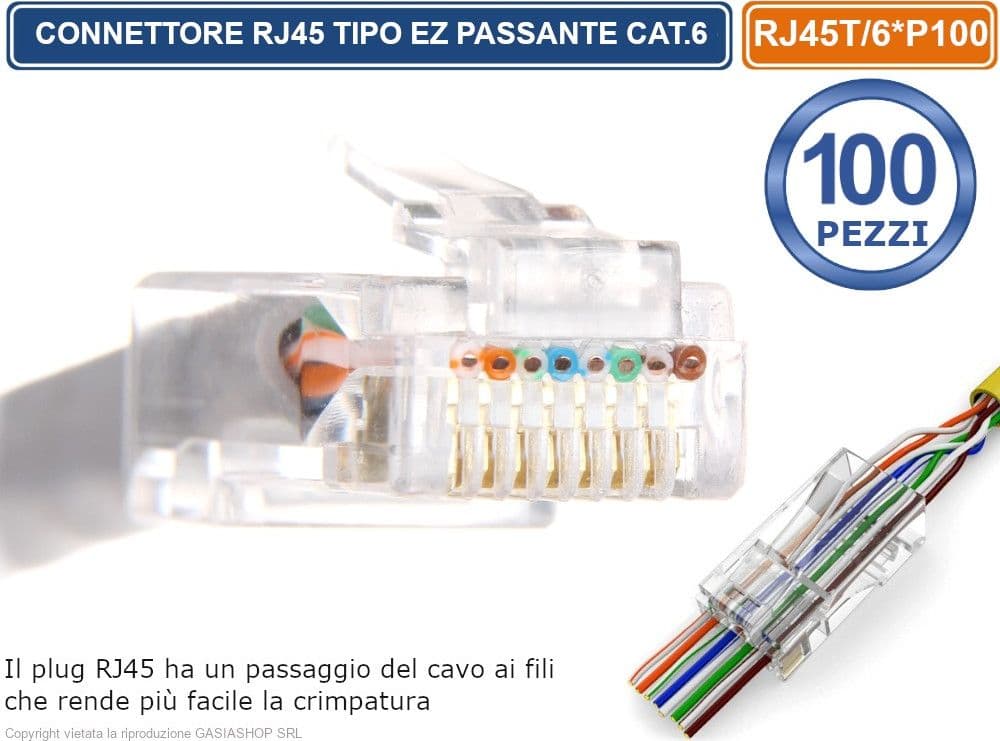 CONFEZIONE MULTIPLA 100 PEZZI PLUG RJ45 TIPO EZ PASSANTE PER CAVO ETHERNET CAT.6 - 4