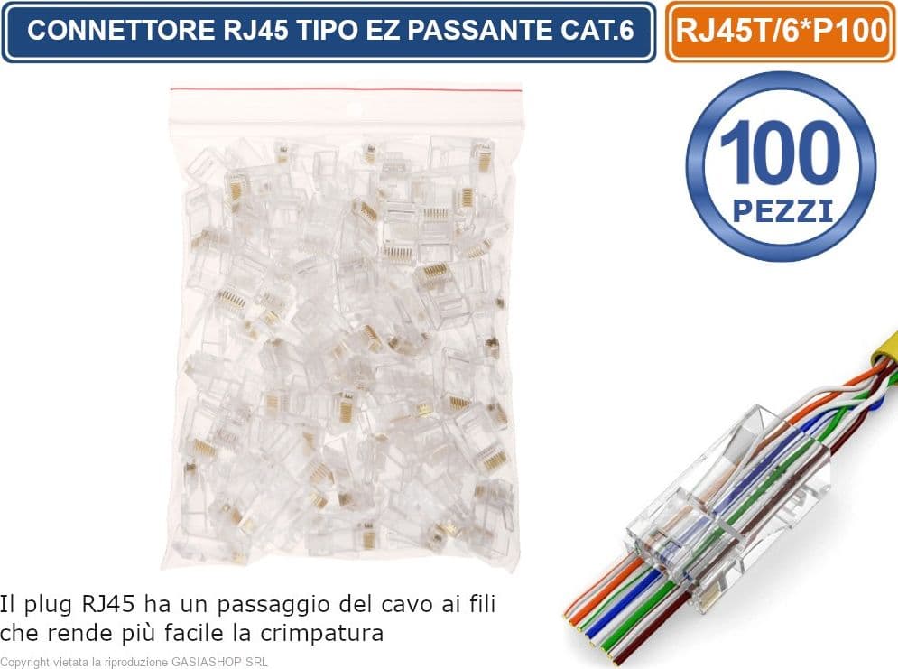 CONFEZIONE MULTIPLA 100 PEZZI PLUG RJ45 TIPO EZ PASSANTE PER CAVO ETHERNET CAT.6 - 5
