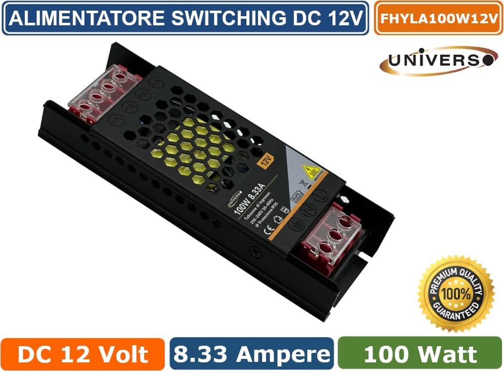 ALIMENTATORE SLIM METALLICO STABILIZZATO SWITCHING TRIMMER 220V DC12V 8.33A 100 WATT COLORE NERO