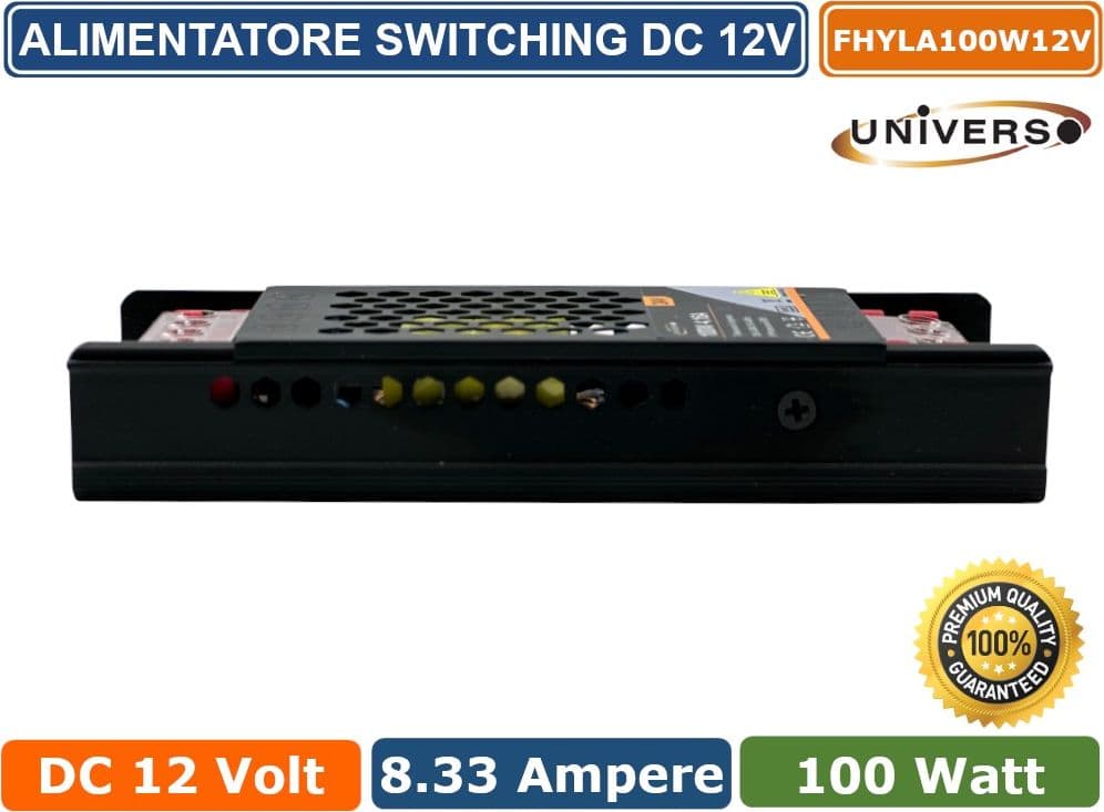 ALIMENTATORE SLIM METALLICO STABILIZZATO SWITCHING TRIMMER 220V DC12V 8.33A 100 WATT COLORE NERO - 2