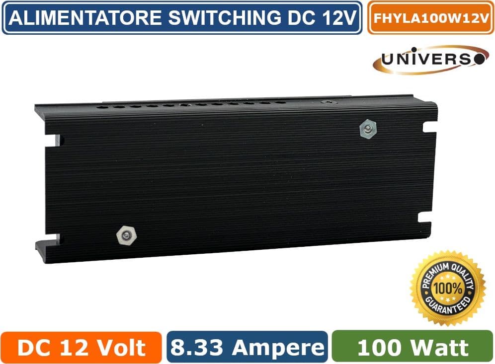 ALIMENTATORE SLIM METALLICO STABILIZZATO SWITCHING TRIMMER 220V DC12V 8.33A 100 WATT COLORE NERO - 3