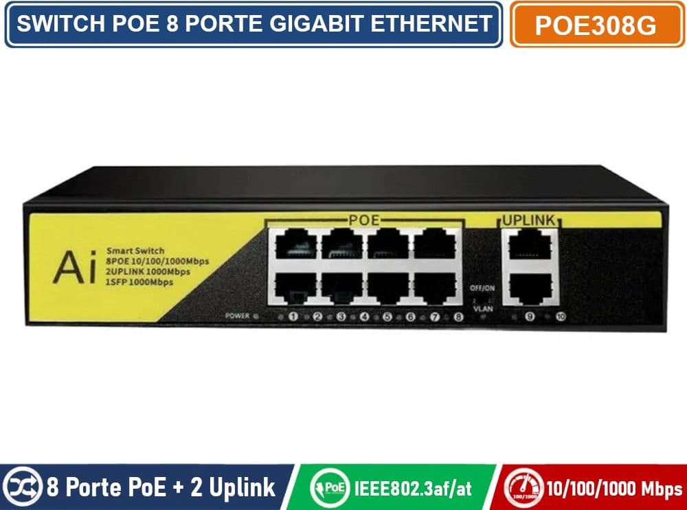 SWITCH POE GIGABIT ETHERNET 10 PORTE 8 PORTE POE + 2 PORTE UPLINK RJ45 10/100/1000 MBPS IEEE 802.3AF / AT